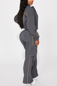 Pantalon cargo en nylon, crop top, veste coupe-vent pour femme, finitions contrastées orange, combinaison en nylon imperméable - Product Image 4