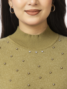 Suéter de Punto con Cuello Alto para Mujer, Manga Larga, Color Sólido, con Detalles de Tachuelas, Prenda Casual de Invierno, Elegante y Cálida - Product Image 6
