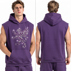 Rhinestone Printed Men <b>Sleeveless</b> <b>Hoodie</b> Front Pocket Pullover <b>Hoodie</b> Heavyweight Cotton Fleece Men Hooded Sweatshirt - Product Image 4