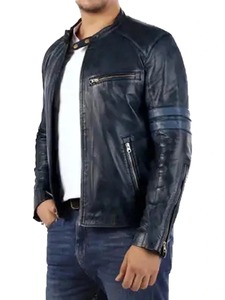 เสื้อแจ็คเก็ตหนังคาเฟ่เรเซอร์สีน้ำเงินกรมท่าสำหรับผู้ชาย - Product Image 2