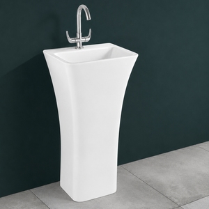 Lavabo de Pedestal Rectangular de Una Pieza, Montado en el Suelo, con Grifo Monomando, Diseño Contemporáneo, Cromado Brillante, con Desagüe - Product Image 2