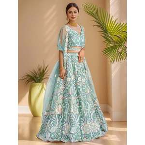 Dazzling Sky-Blue <b>Sequins</b> Net Engagement Lehenga Choli for Women - Product Image 5