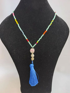 Collar de borlas con cuentas de menta hecho a mano, borla azul, estilo bohemio, joyería larga y llamativa, regalo para mujer - Product Image 2
