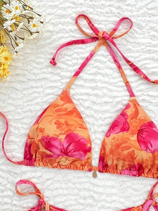 Women's Floral Print Bikini Set Halter <b>Neck</b> <b>Tie</b> Side Swimwear Two Piece Spandex Polyester Stretch Beachwear - Product Image 3