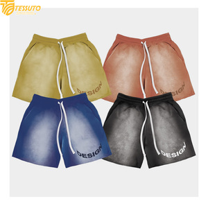 กางเกงขาสั้นผ้าฝ้ายไล่เฉดสีสไตล์สตรีทแวร์วินเทจสำหรับผู้ชาย ลวดลายเอฟเฟกต์ย้อมสีแบบแอซิดวอช เหมาะสำหรับออกกำลังกายและเล่นบาสเก็ตบอล พร้อมโลโก้แบบกำหนดเอง - Product Image 1