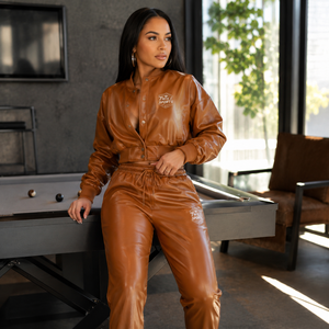 Twill Sports Women Brown PU Leather Tracksuit Full Sleeve Button Up Collar Drawstring <b>Pants</b> Sporty Leather Tracksuit Set - Product Image 4