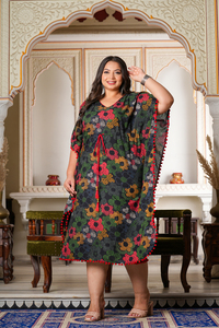 Wholesale Plus Size Cambric Cotton Geometrical Printed <b>Kaftan</b> Kimono Sleeve V Neck Women Multi Color Loungewear - Product Image 3