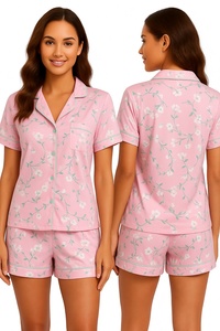 Ensemble de pyjama à manches courtes pour femmes, rose à fleurs, avec col rabattu, fermeture à boutons, vêtements de nuit d'été - Product Image 1