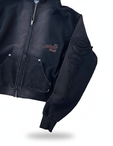 2026 Wholesale Best Men's Black Hooded Zip-Up washed Hoodie custom distressed applique logo hoodie for men - Product Image 4