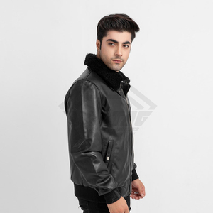 Premium <b>Mens</b> Real Leather Bomber <b>Jacket</b> With Faux <b>Fur</b> Collar Elite Quality Winter Warm Outwear Custom Manufacturer High Demand - Product Image 2