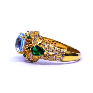 Vintage Gold Plated Cocktail <b>Ring</b> With Blue Crystal And <b>Green</b> Gemstones Pave Setting Women's Party Jewelry - Product Image 4