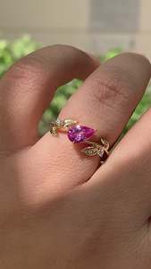 Women's Plated Zircon Ring Pear Cut Prong Setting Plant Pattern Romantic Engagement Gemstone Ring - Product Image 6