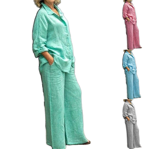 Conjunto Casual de Verano para Mujer, 2 Piezas, Camisa de Manga Corta + Pantalón Largo, Spandex/Poliéster, Combinación Perfecta - Product Image 1