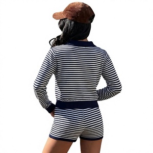 Summer Eco-Friendly Knitted Striped Polo Collar Knee Button Pajama Set Breathable Loose-Fitting Casual Sporty Short Sleeve Women - Product Image 6
