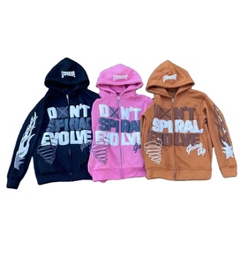 Sweat à capuche surdimensionné personnalisé imprimé bouffant fermeture éclair complète en détresse déchiré bord brut lourd GSM français éponge brodé Logo pantalons de survêtement hommes - Product Image 5
