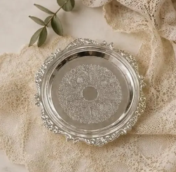 Custom Logo Metal Embossed Aluminium Silver Plate <b>Dinner</b> Wedding Round Decorative Cake Charger Plates and Cup - Product Image 2