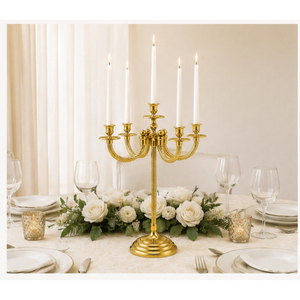 Candelabro de metal dorado de lujo con 5 brazos, centro de mesa para bodas, venta al por mayor de fábrica, portavelas metálico vintage para fiestas - Product Image 4