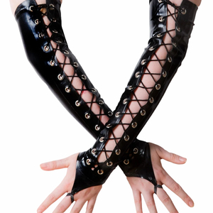 Black PU Opera-Length <b>Gloves</b> With Lace-Up Design Punk Style For Party Wear - Product Image 5