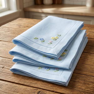 Custom Classic Square <b>Cloth</b> Napkins Embroidered Flowers Durable Reusable Machine Washable Hemstitch Blue <b>Linen</b> Home Airplane Use - Product Image 2