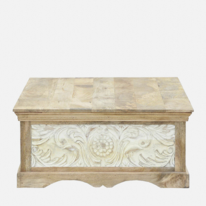 Table basse rectangulaire moderne à double tonalité, sculptée à motifs floraux, avec rangement, pour salon, finition naturelle et blanchie à la chaux - Product Image 4