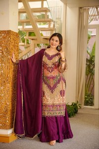 Latest Collection Crepe Silk with Digital Print & <b>Mirror</b> work Bell Sleeve Readymade Plazzo-Kurta-Dupatta At Wholesale Rate - Product Image 2