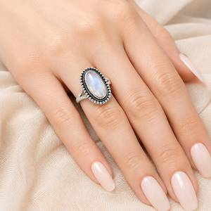 Anillo de Piedra Lunar Natural, Plata de Ley 925, Estilo Boho Vintage, Anillo Ovalado, Joyería Artesanal Curativa, Chapado en Oro Rosa y Amarillo - Product Image 6