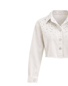Veste en jean courte blanche personnalisée pour femme avec strass et fermeture boutonnée sur le devant, manches longues, style streetwear tendance pour soirée - Product Image 4