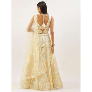 Glorious Beige Sequins Net Ropa festiva Lehenga Choli con Dupatta para suministros para fiestas - Product Image 5