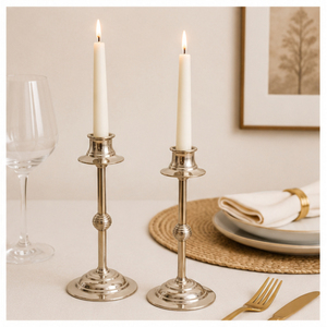 Elegant <b>Silver</b> Aluminum Taper Candle Holders Set of 2 Vintage Metal <b>Candlestick</b> Stands for Wedding Table Centerpieces - Product Image 1