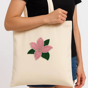 Bolso de Mano de Lona de Algodón con Bordado de Cuentas Florales, Bolsa de Compras Reutilizable, con Diseño de Flores, para Mujer, para Uso Diario - Product Image 1