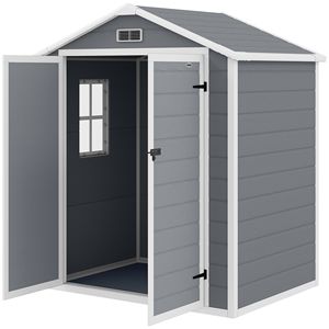 Caseta de Almacenamiento Exterior Gris de 6x4.5 para Uso Familiar, Caseta para Herramientas con Cerradura, Puertas Dobles, Ventana de Ventilación, Estilo Cabaña para Jardín y Hogar - Product Image 1