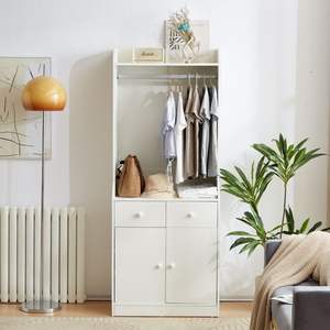 Armadio Bianco per Camera da Letto con Asta Appendiabiti, Cassetti e Ripiani, Elegante Guardaroba con Maniglie per Uso Domestico - Product Image 2