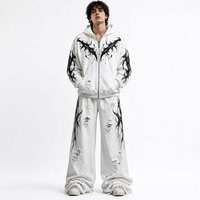 NAPA INDUSTRIES Ensemble de survêtement unisexe déchiré, coupe droite, manches longues, 100 % coton, délavé à l'acide, avec capuche, pour l'hiver, style streetwear