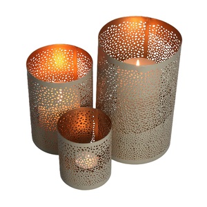 Steel Perforated Candle <b>Lanterns</b> Set of 3 Heat Resistant Home Decoration Indoor Use Pierced Metal <b>Hurricane</b> Candle Holder - Product Image 1