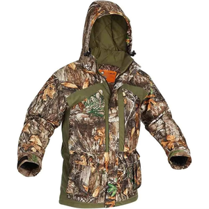 Veste de chasse d'hiver en softshell coupe-vent avec imprimé camouflage, doublure en polyester, logo frontal, fermeture éclair pour usage extérieur - Product Image 1