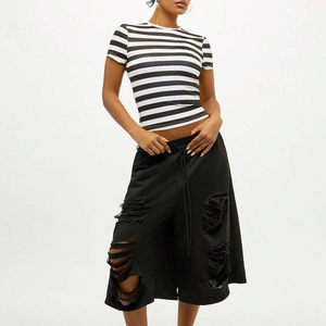 Women's Summer Fashion Cropped <b>Striped</b> T-Shirt Slim Short Sleeve O-Neck <b>Crop</b> <b>Top</b> for Gym Fitness Workout Cotton Breathable - Product Image 2