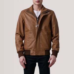 Blouson Bomber Homme en Cuir Véritable Col Montant Fermeture Éclair Décontracté Automne Coupe Slim Couleur Unie Coupe-Vent - Product Image 4
