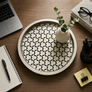 Bandeja de Servir Redonda de Lujo Hecha a Mano con Incrustaciones de Hueso, Mosaico Geométrico Blanco y Negro, Bandeja Decorativa para Mesa de Centro, Otomana, Desayuno - Product Image 5
