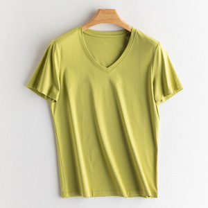 Camisetas de Verano al por Mayor de Algodón con Cuello en V para Mujer, Elegantes, con Bloques de Color, Lisas y Teñidas - Product Image 2