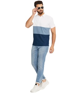 Polo pour homme à blocs de couleur, manches courtes, en jersey de coton, décontracté, respirant, tricoté, coupe classique, bleu clair, blanc, marine - Product Image 2