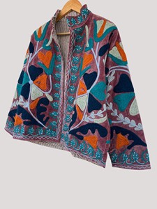 Chaqueta de Terciopelo Bordada a Mano con Cuello Mandarín, Manga Larga, Estampado Floral, Talla Grande, Abrigo de Otoño para Mujer - Product Image 3
