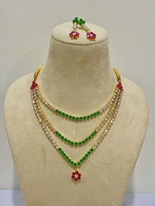 RAY FINE ORNATES Three Layer <b>Ruby</b> Emerald CZ IGI Certified Vintage <b>Necklace</b> Set 22K Gold Plated Floral Bridal Indian Wedding - Product Image 3
