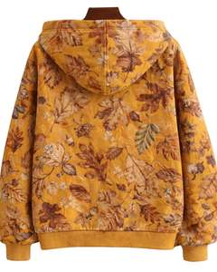 Sudadera con Capucha para Mujer, Estampado de Hojas Otoñales Amarillo Mostaza, Felpa de Algodón, Estilo Casual, Fabricante Personalizado, Proveedor de Ropa al por Mayor - Product Image 2