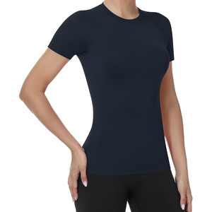 Women's <b>Navy</b> Blue Short Sleeve Crew Neck T-Shirt Slim Fit Quick Dry Knitted Polyester Casual Sport <b>Top</b> All Seasons - Product Image 5