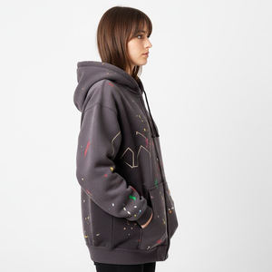 Sudadera con capucha extragrande personalizada con cremallera, gráfico de salpicaduras de pintura, estilo casual urbano, forro polar, chaqueta de invierno a la moda para otoño - Product Image 6