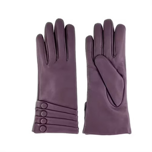 Purple Leather Wrist Length Gloves With Button Detail Plain Style Casual Wear Winter Warmth - Product Image 6