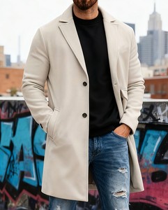 Manteau long en laine pour homme, col à revers, simple boutonnage, coupe ajustée, beige clair, réversible laine/polyester, épais et chaud pour l'hiver - Product Image 3