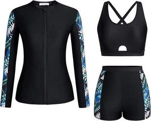 Custom Wholesale <b>3</b> <b>Piece</b> Women Rash Guard Swimsuit Protection Long Sleeve Zipper <b>Bikini</b> Modest Swimwear UPF50+ Eco-Friendly - Product Image 3