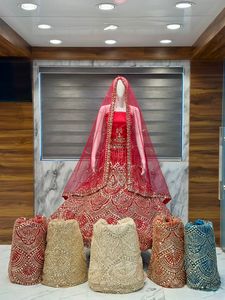 Royal <b>Red</b> Bridal Lehenga Heavy Gold Zari Scalloped Embroidery Premium <b>Silk</b> Ghagra Choli with Stone Work & Net Dupatta Wedding - Product Image 3