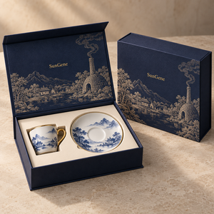 Caja Rígida Personalizada Estilo Libro para Taza y Platillo de Porcelana para Espresso - Product Image 1